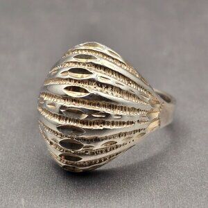 Sterling Silver High Dome Ring Size 7 Etched Ribbed Diamond-Cut Signed 5.69g